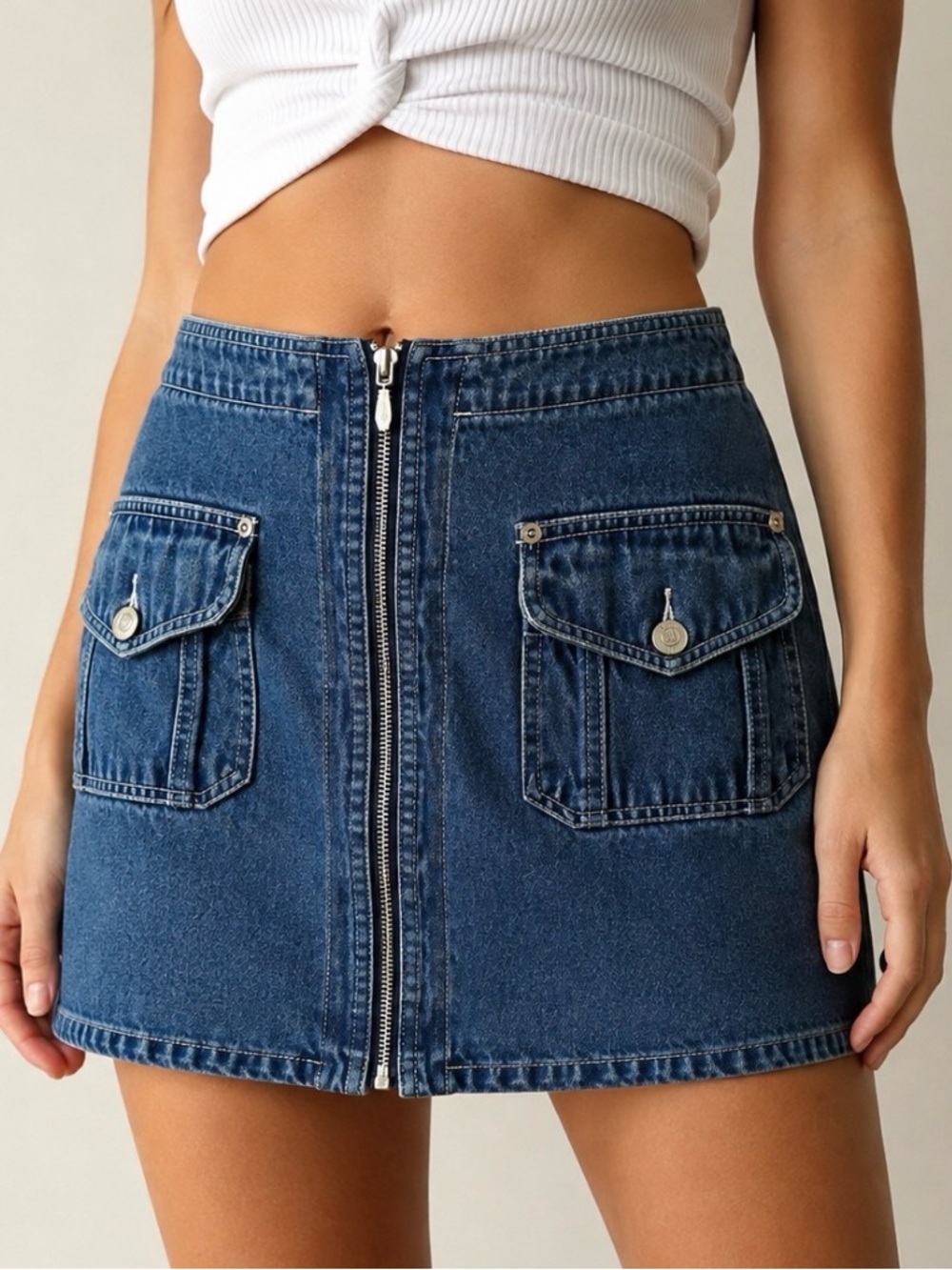 Vintage Denim Mini Skirt Front Zip Utility Pockets Easy Wear Medium